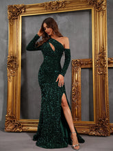 Asymmetrical Neck Cut Out Split Thigh Sequin Prom Dress